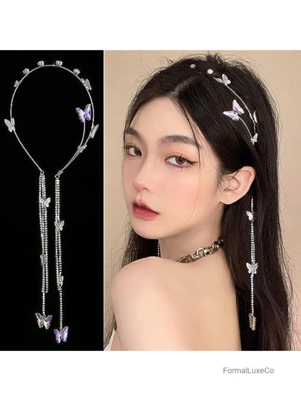 Crystal Rhinestone Butterfly Tassel Headband Vintage Bridal Hair Hoop